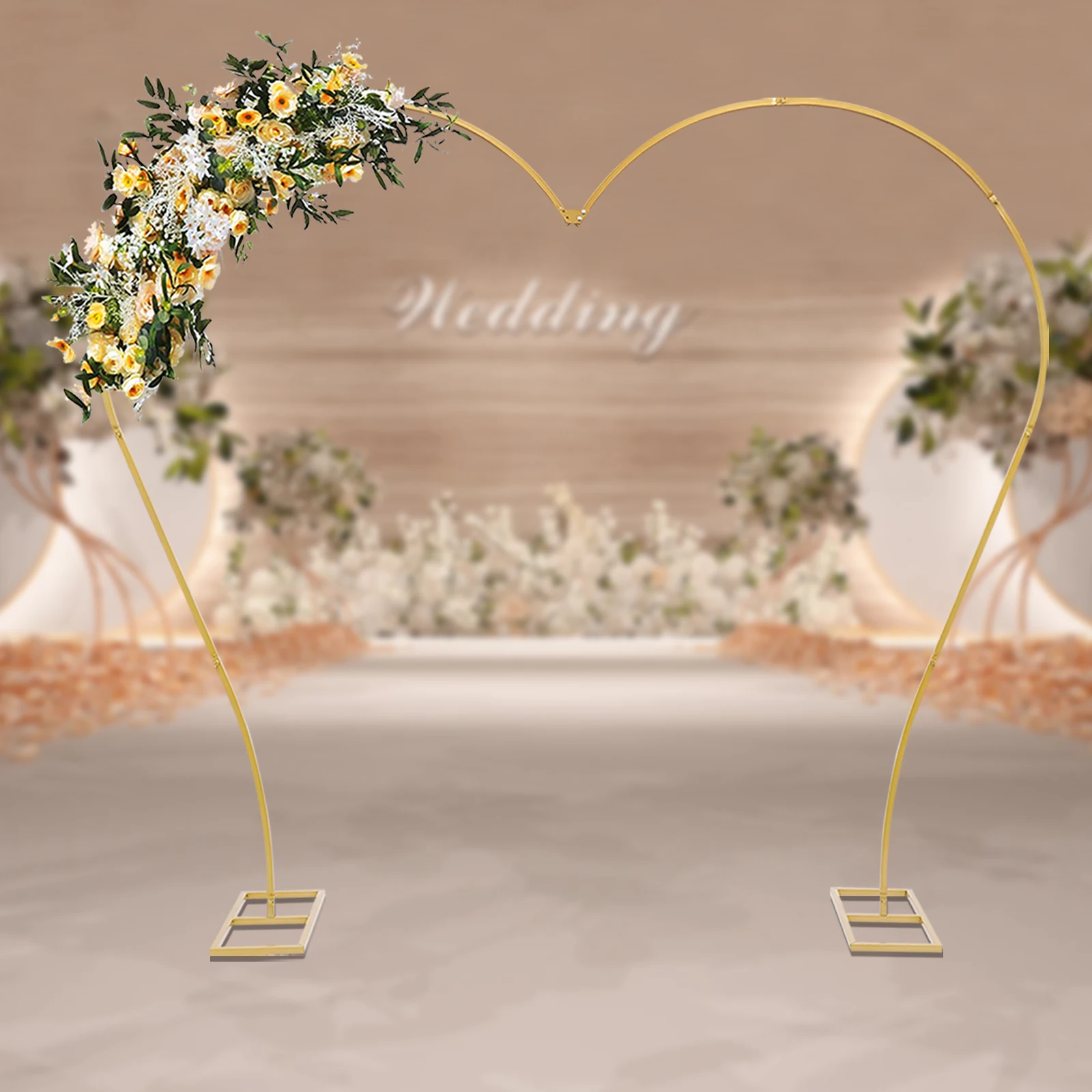 Metal casamento Arch Frame, Coração-Shaped Archway Flor Balão Backdrop Stand, Gold Rack