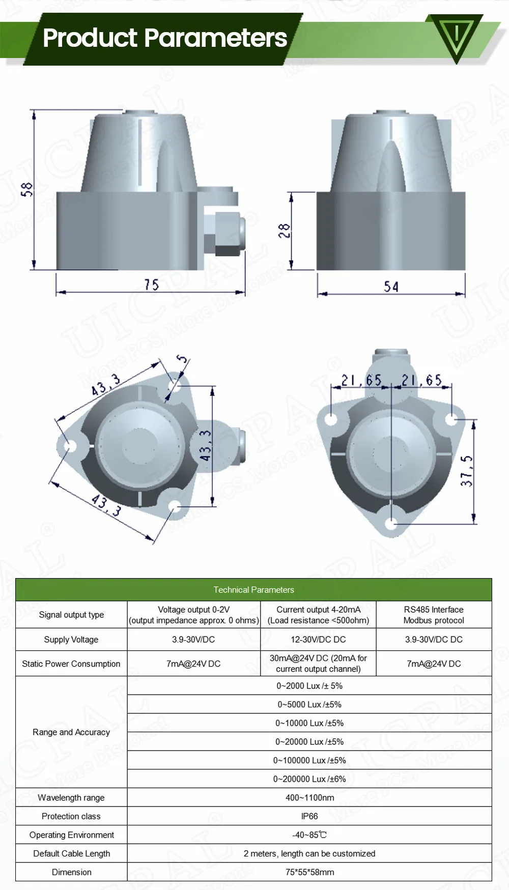 Umgebungslicht-Beleuchtungsstärkesensormodul 400–1100 NM, Sonnenlichtintensitätssender, Messung 0– 200000 LUX 4-20mA RS485 Modbus – Detail 5