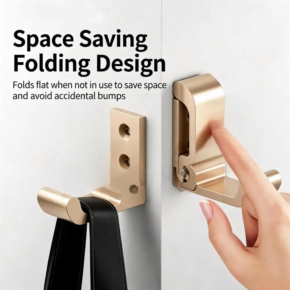Foldable Wall Hook Solid Aluminum Alloy Punch-Free Hidden Single Hook Fold Down Hanger for Bedroom Bathroom Door Coat Hanging