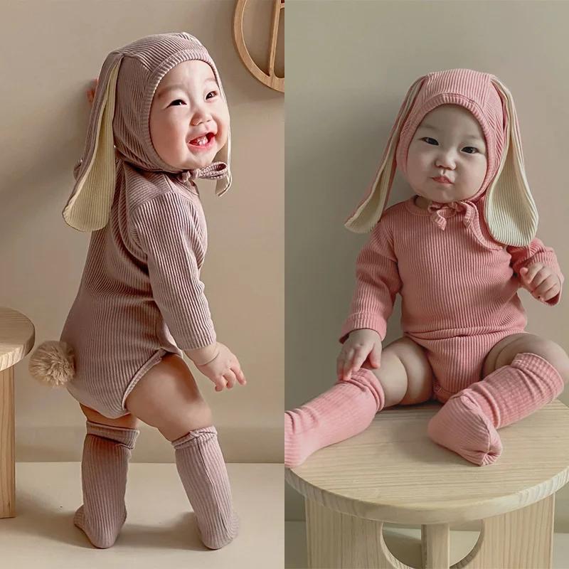 

2025 Newborn Baby Rabbit Romper Clothes 3 Pcs Solid Ear Hat Bodysuit Socks Casual Bunny Costume 0-24M Boy Girl Outfits