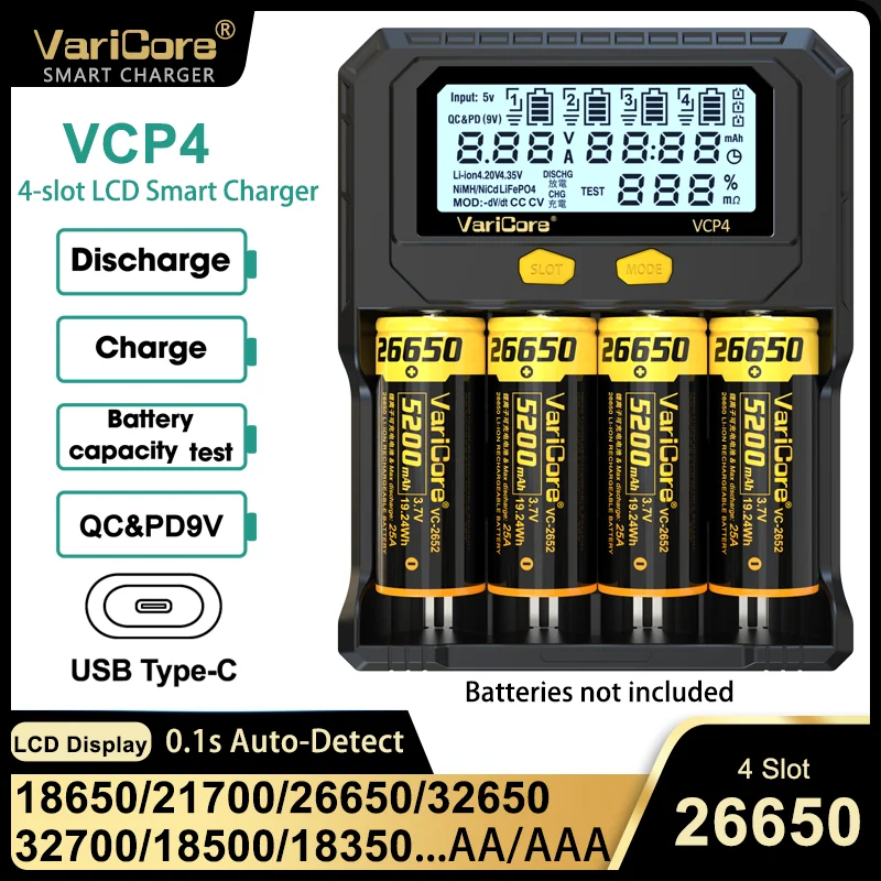Varicore 18650 Battery Charger VCP4,3.7V 18350 14500 18500 21700 26650 1.2V AAA NiMH Lithium LCD Charger