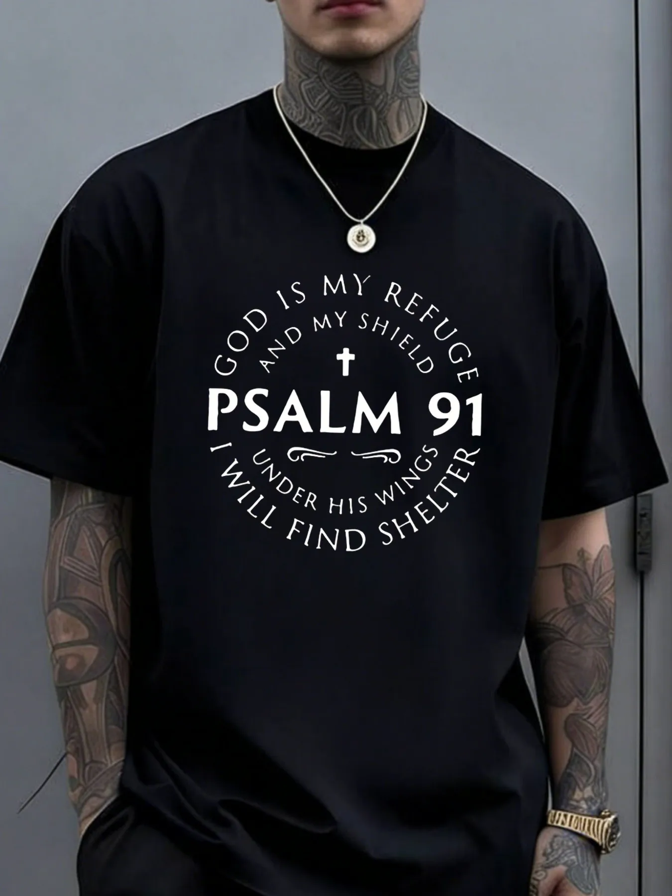 1pc Mens Graphic T Shirt Psalm 91 God Is My Refuge And My Shield Under His Wings I Will Find Shield Short Sleeve Crew Neck
