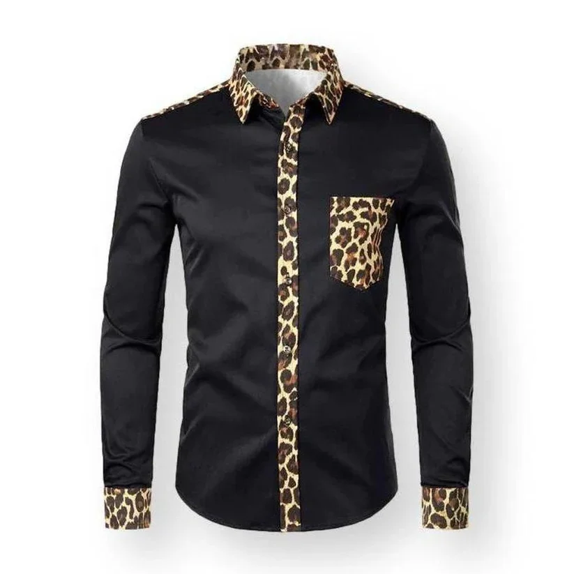 

Fashion Men's Black Leopard Patchwork Shirt Streetwear Slim Fit Long Sleeve Casual Button Down Shirt