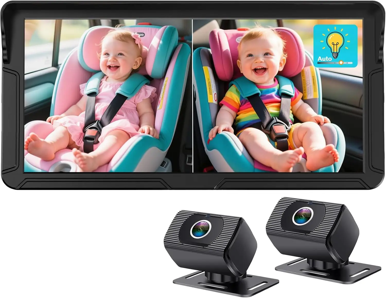 

Dual Baby Car Camera for 2 Kids: 6.9'' HD Split Screen with Auto Brightness, 1080P Night Vision, Easy Setup