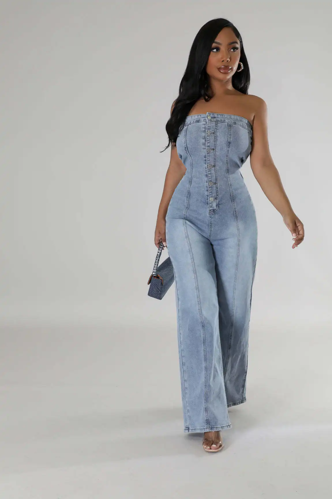 

Sexy Jumpsuit Overalls for Women Denim Single-breasted Bandeau Long Jumpsuits Summer Sleeveless Fashion One Pieces Wide-leg Pant