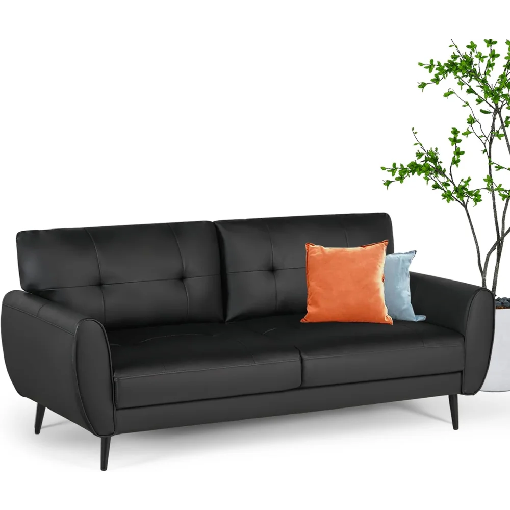 

60" Loveseat Sofa for Living Room, Mid Century Mini Black Couch, Tufted Leather Love Seat Furniture, Comfy Office 2 Seat