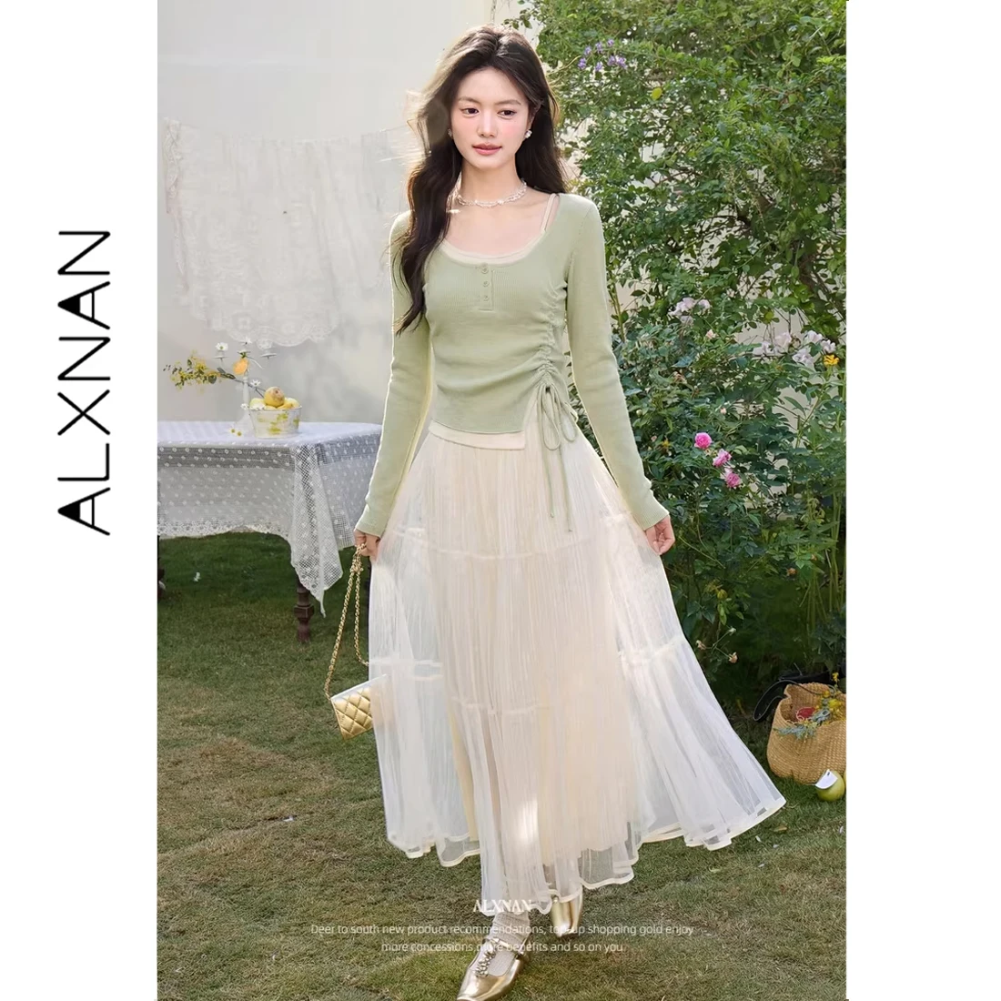 ALXNAN Women Green Long Sleeve T-shirt Fake Two Piece U-neck Side Drawstring Ruched Irregular Hem Slim Casual Tee Tops L61892A