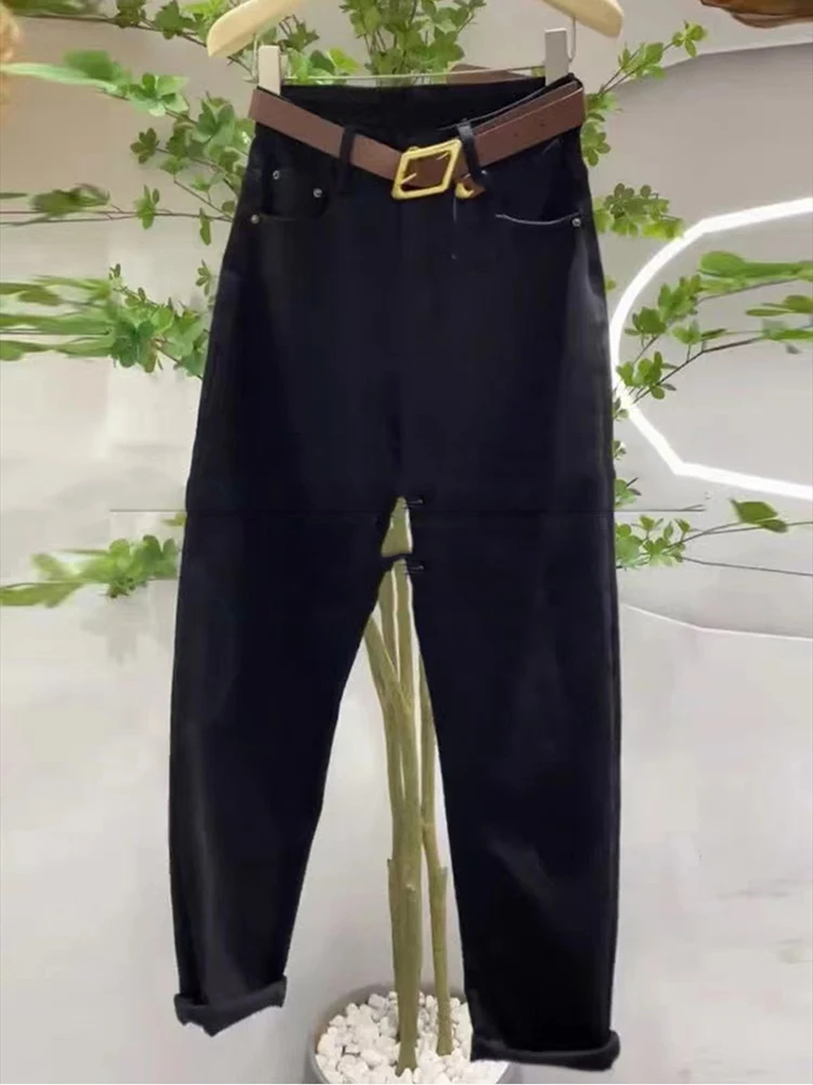 Elástico de cintura alta perna reta jeans feminino primavera e outono cor sólida versátil nove pontos harlan cenoura calças