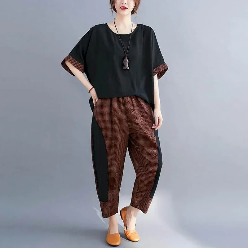 

Художественные комплекты брюк большого размера, свободная повседневная футболка с коротким рукавом и клетчатые шаровары, асимметричные комплекты из двух предметов, женская одежда