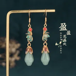 New Chinese Style Retro Yulan Flower Earrings For Women Enamel Ethnic Style Imitation Hotan Jade Antique Earrings Jewelry Gift