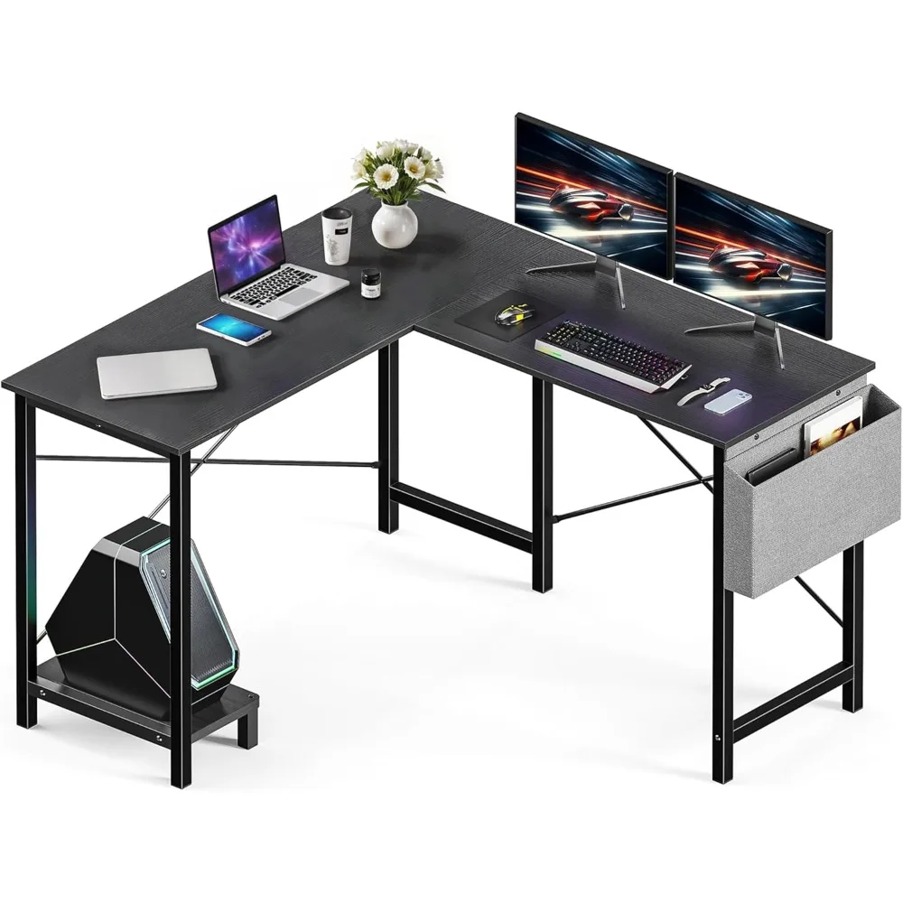 

L Shaped Desk Gaming Computer 50 Inch Reversible Corner Table PC for Writing Study Student with Wood Tabletop Metal Frame CPU St