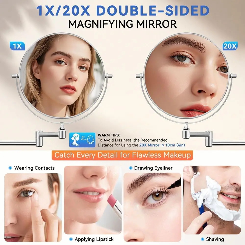 8 Miroir de maquillage mural double face 20X avec 360 °   Bras et pince à épiler rotatifs, finition chromée