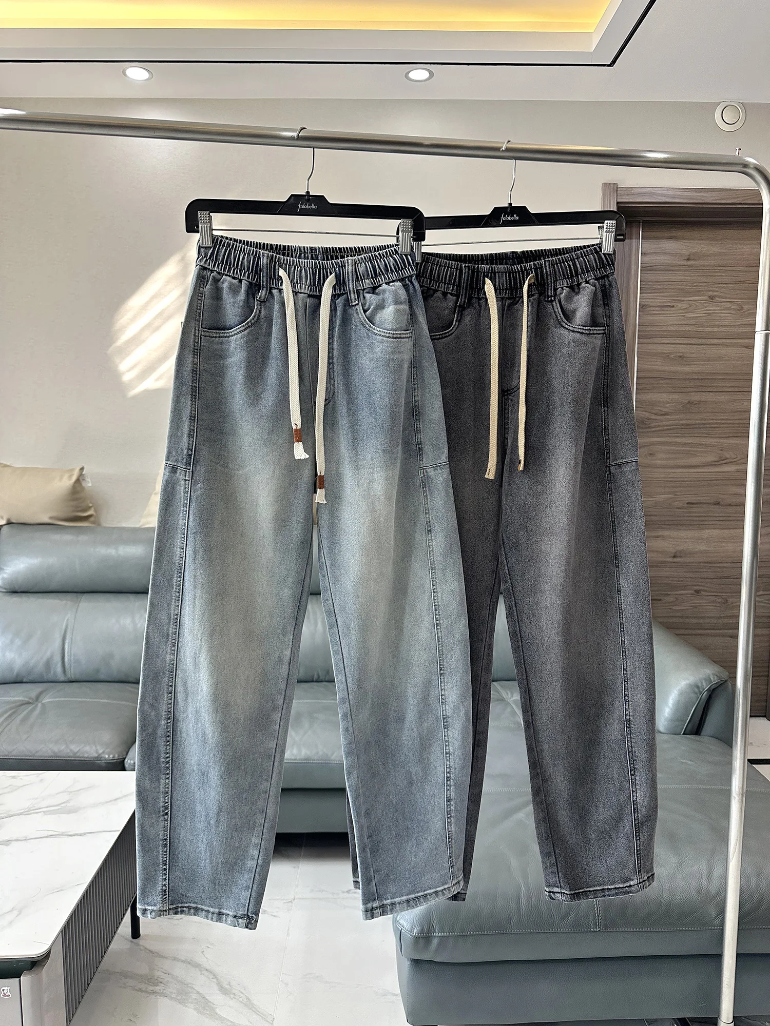 

Line! Heavyweight Waed! Spring New Men's Elastic Waist Loose Wide Faion Knife Jeans Casual Straight Leg Cotton P...