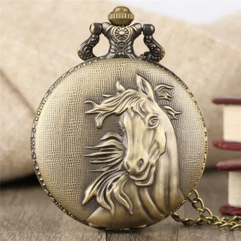 Bronze Carved Horse Design Arabic Number Quartz Movement Clock for Men Women Long Necklace Chain Animal Timepiece Gift Reloj