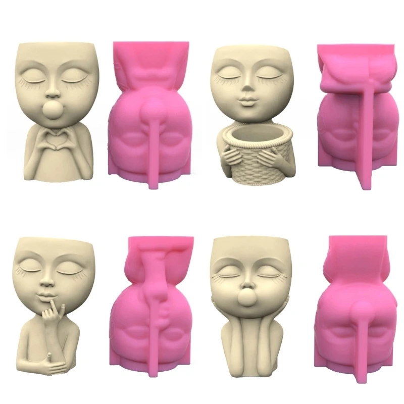 

E0BF Easy to Use Silicone Mold Girl Head Flower Pots Epoxy Molds Succulent Planter Molds Silicone Casting Mould Home Decor