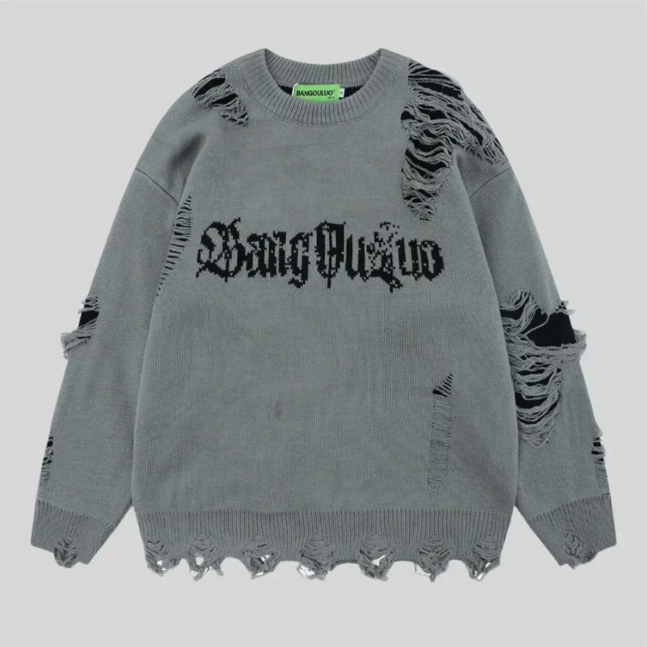 

Torn Smooth Sweater Men Retro Ripped Hole Knitted Letter Plain Jumpers Men Streetwear Hip Hop Harajuku Punk Gothic Sweaters