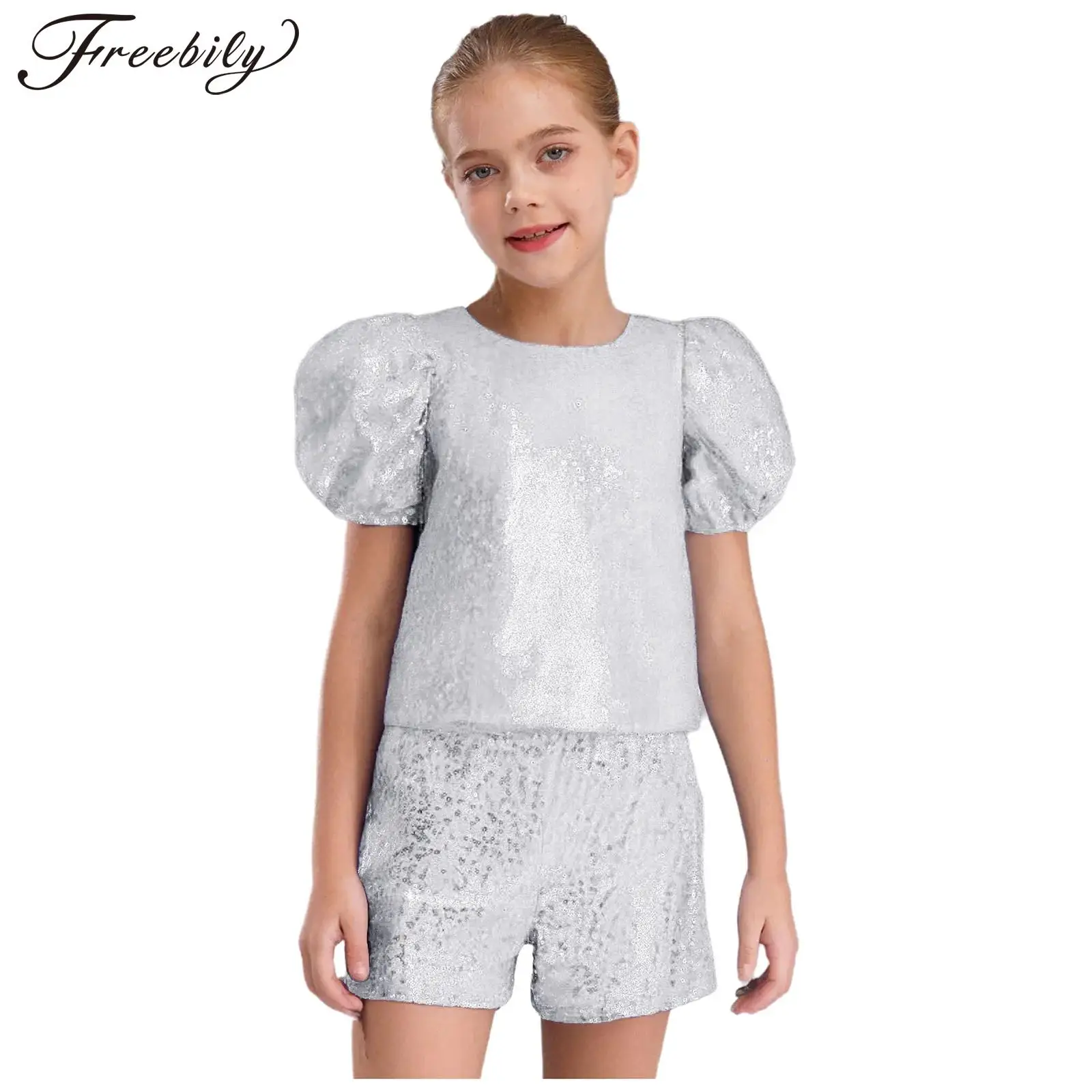 

Kids Girls Shiny Sequins Puff Sleeve Shirt Blouses And Shorts Birthday Party Outfits School Show Jazz Dance Cheerleading Costume