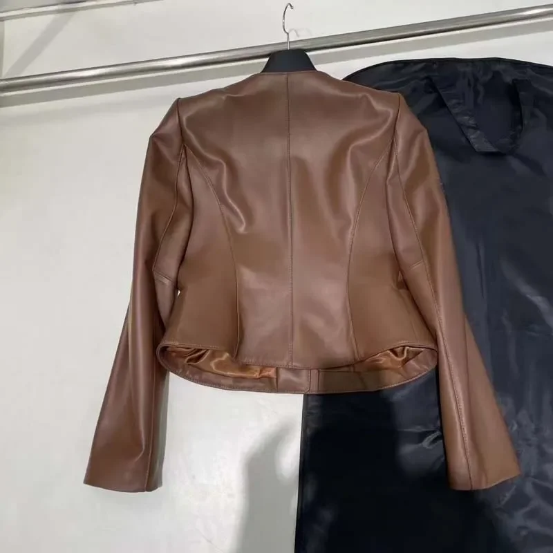 Veste en cuir véritable à col rond pour femme, vêtements à boutonnage simple, décoration de poche, manteau de printemps et d'automne, haute qualité