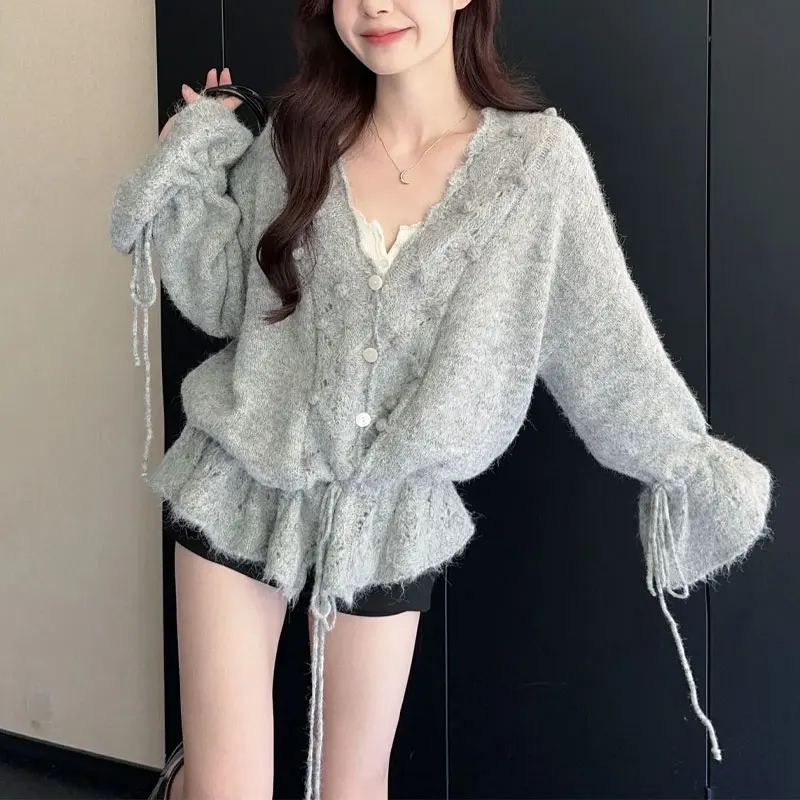 

Fashionable V-Neck Drawstring Knitted Cardigan Autumn Winter New Solid Color Women's Clothing Long Sleeve Casual Gentle Sweaters