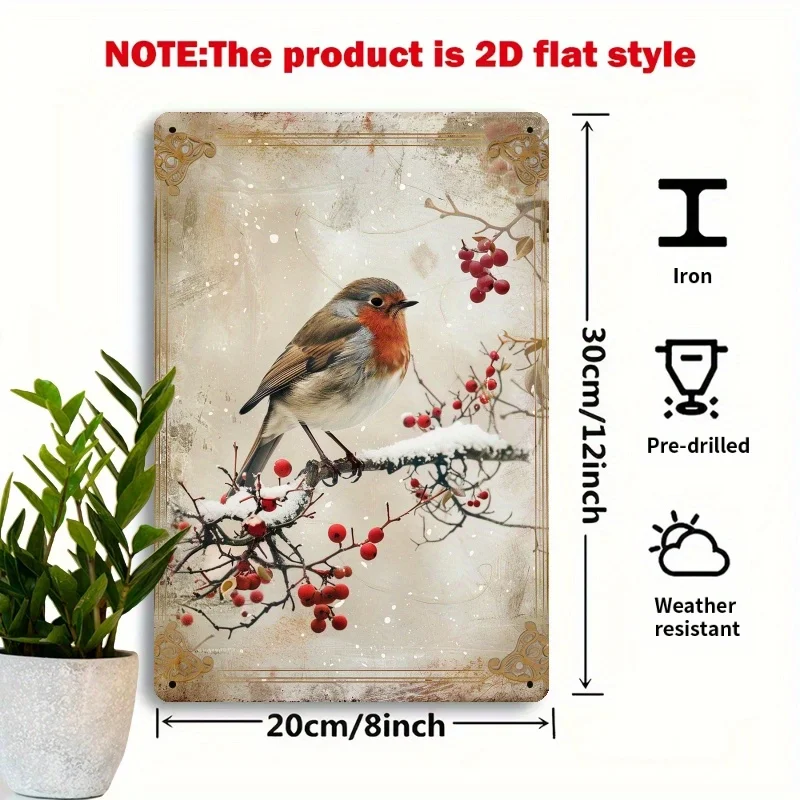 Charming Winter Robin & Berries Metal Wall Sign - Vintage Iron Decor, Tranquil Snowy Landscape, Perfect for Holiday Home