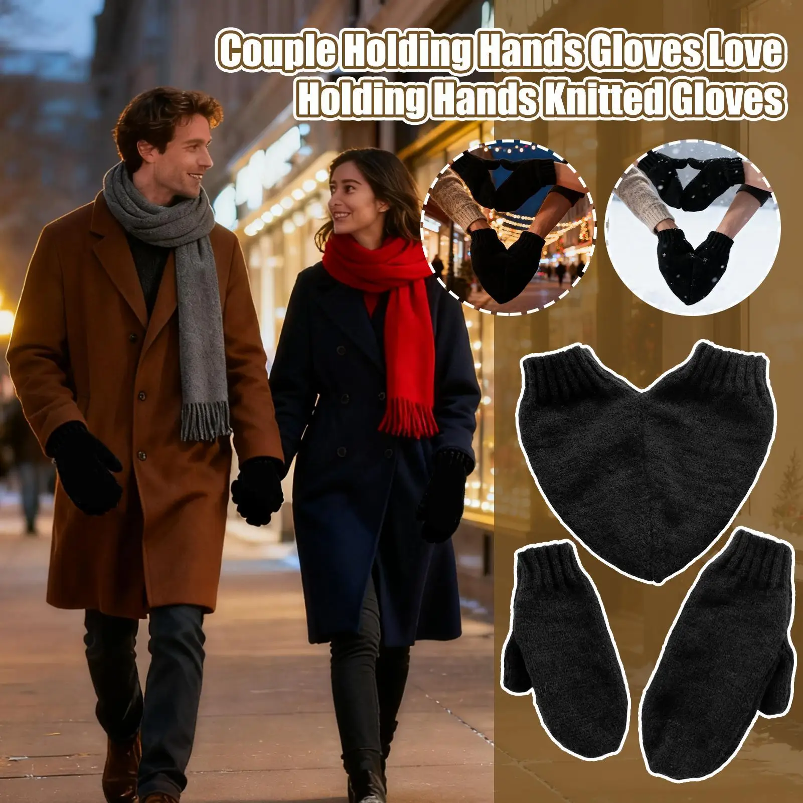 Couple Mittens Warm Gloves Holding Hands Connected Heart Shape Winter Pair Gift for Valentines Day Birthday Anniversary Dating