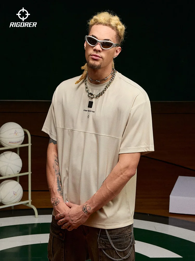 

RIGORER Reeves Sports Short Sleeve Summer New Arrival Men Retro Pure Cotton Simple Printed Round Neck Half Tshirt Sport Top