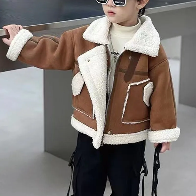 

Новинка, куртки для мальчиков, замшевые плотные детские пальто, модная детская верхняя одежда, зима-осень 2023-A095