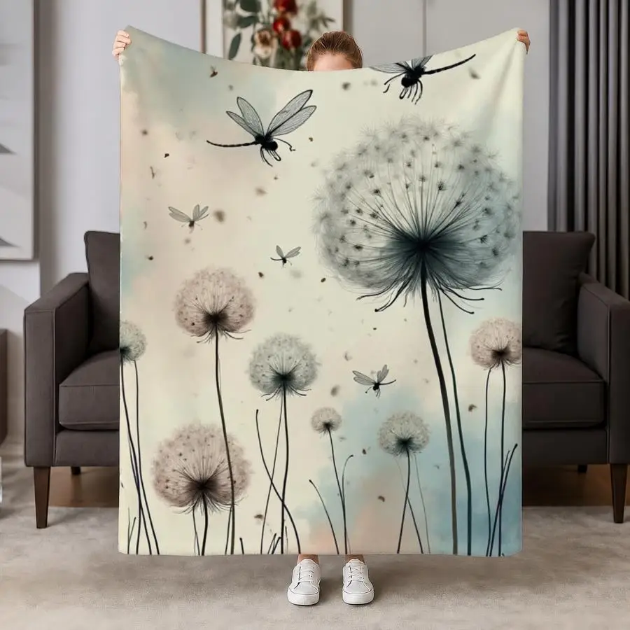 Ethereal Watercolor Dandelion & Dragonfly Weighted Blanket - Soft Flannel Bedspread Suitable for Couch, Bed, Office & Travel, Machine Washable Muted Tones Throw, Minimalist Botanical Design Gift for,, (-)