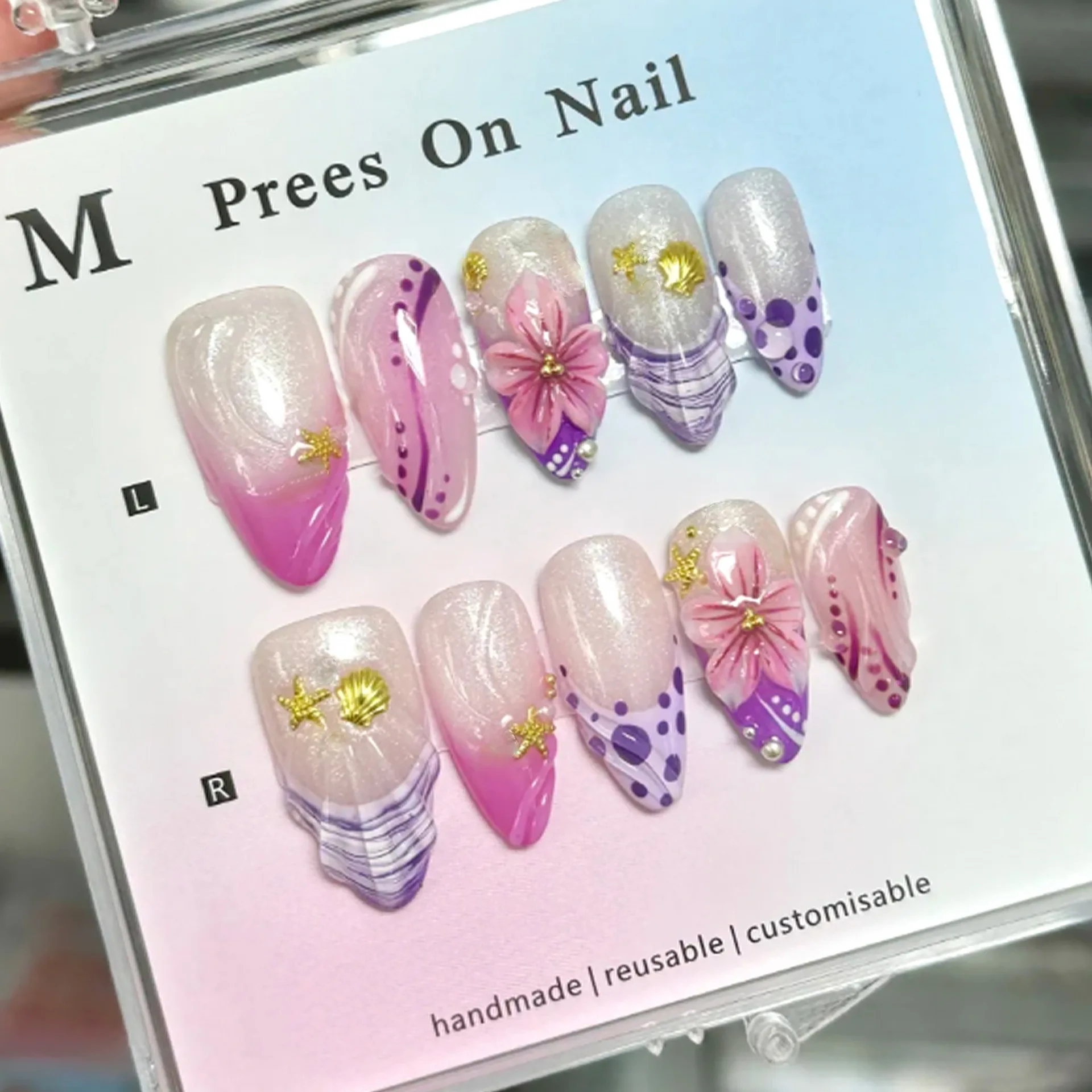 

24pcs Pink Smudge French Fake Nails Full Cover 3D Flower Polka Dot Press on False Nails Mid-length Almond Reusable Manicure Tips