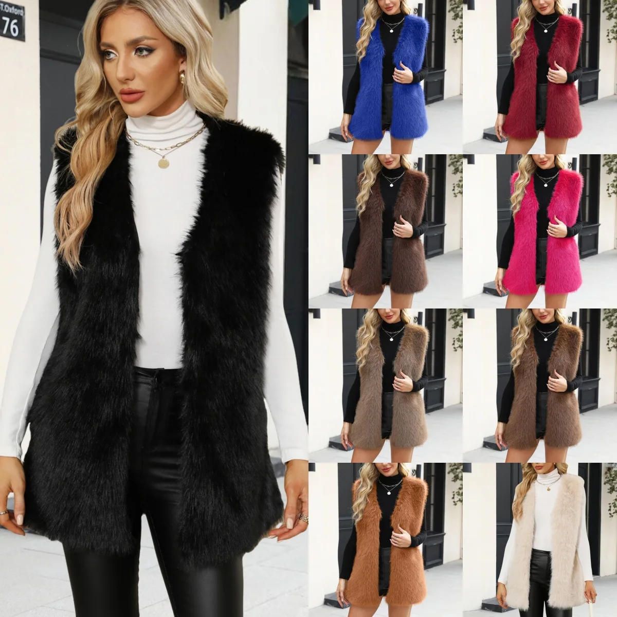 Trendy Women Mid Length Faux Fur Sleeveless Vest Open Front Shaggy Furry Texture Elegant Winter Layering Outerwear