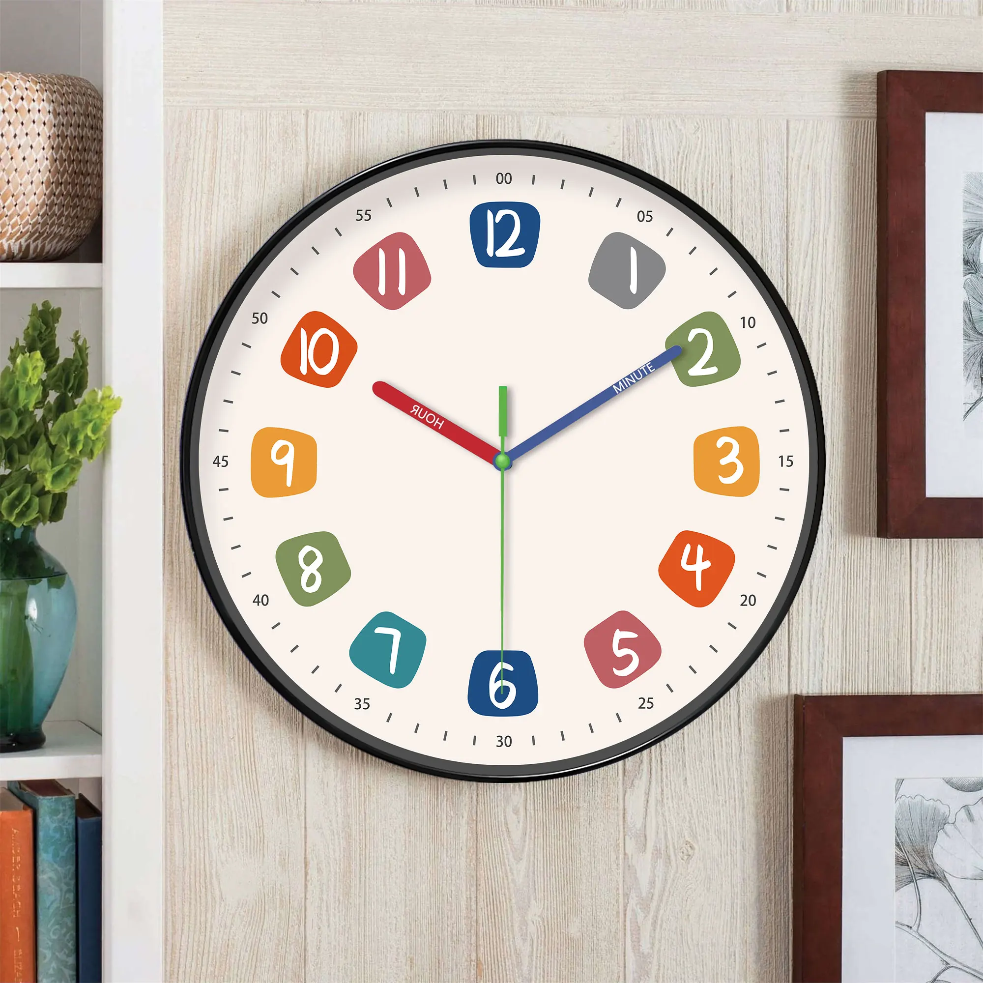 A modern simple wall clock, colorful digital and color hands designed instructional wall clock, silent clock, for living room be