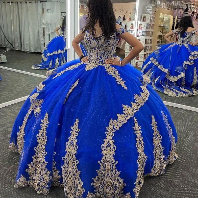 Королевское синее платье Quinceanera по индивидуальному заказу, бальное платье с открытыми плечами и золотой аппликацией, корсет Sweet 16, Vestidos De Fiesta YQD544