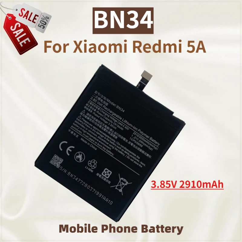 

Высокое качество BN34 аккумулятор мобильного телефона 3,85 В 2910 мАч для Xiaomi Redmi 5A Совершенно новый сменный аккумулятор