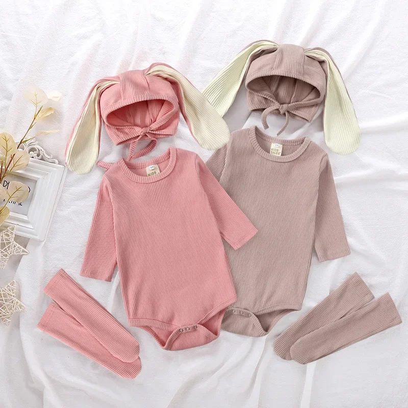

Spring Autumn Baby Outfit Newborn 0-24M Baby 3-Piece Set Rabbit Ear Hooded Romper Soft Cotton Long Sleeve Onesie with Hat Socks