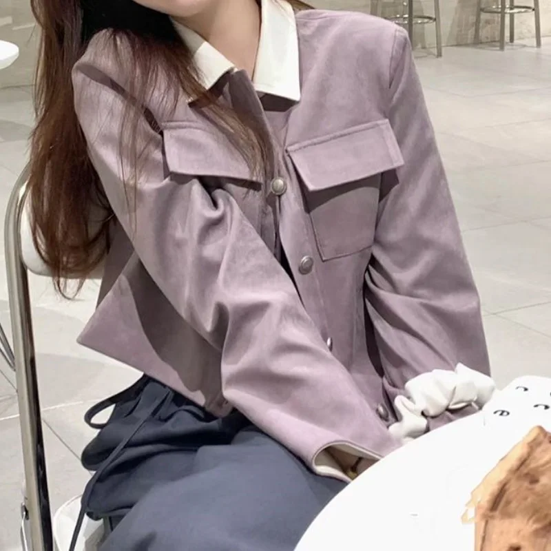 French contrast Lapel long sleeved Leather jacket womens spring autumn loose casual short coat purple top Windproof Moto Outwear