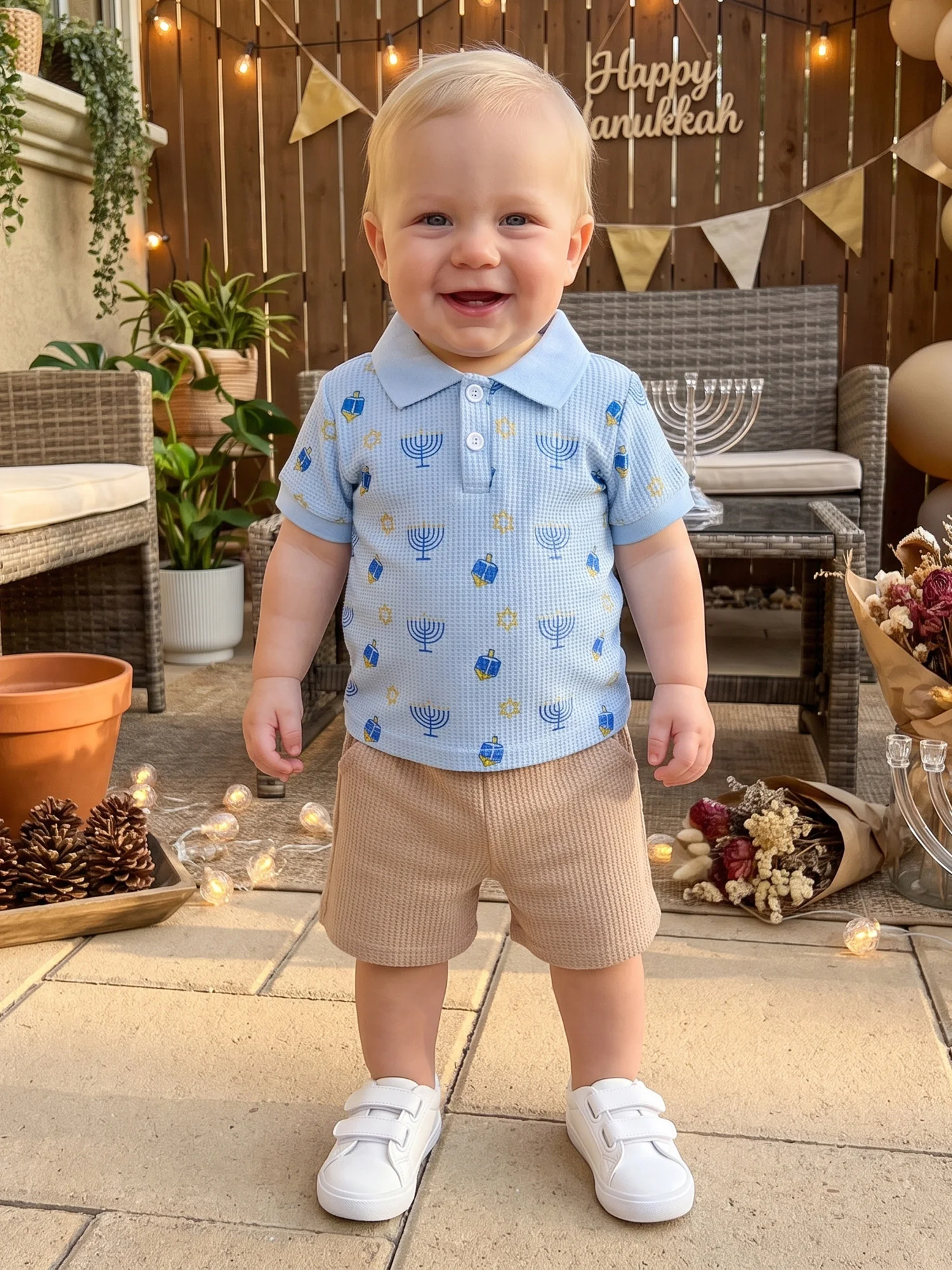Toddler Sleeve Boy Hanukkah Outfits Toddler Boy Toddler-Boy-Hanukkah Holder-Print-Short Candle High Quality