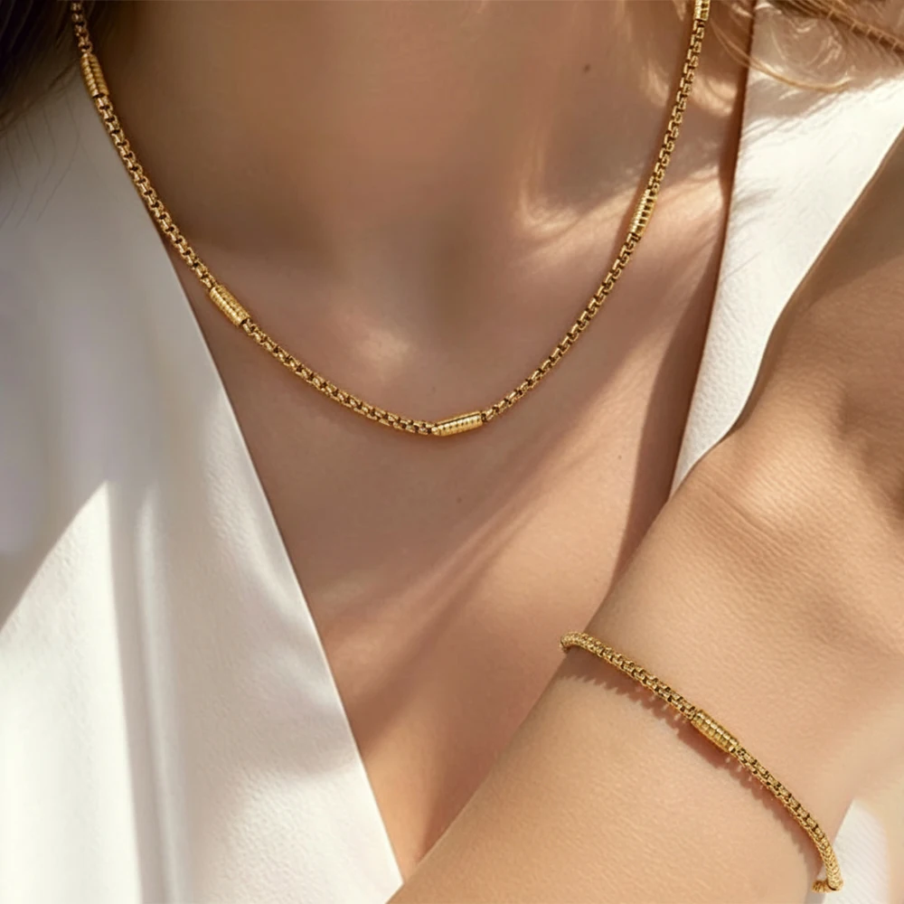 Gold Box Chain Jewelry Set, Stainless Steel Necklace & Bracelet Set, Non-tarnish Minimalist Daily Wear