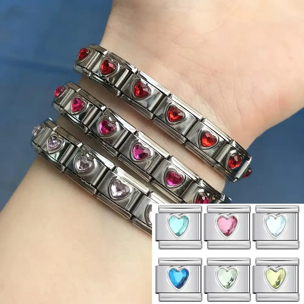 DIY Jewelry Bracelet Module Heart Italian Charm Link Bracelets Making Tool Stainless Steel Colorful Zirconia