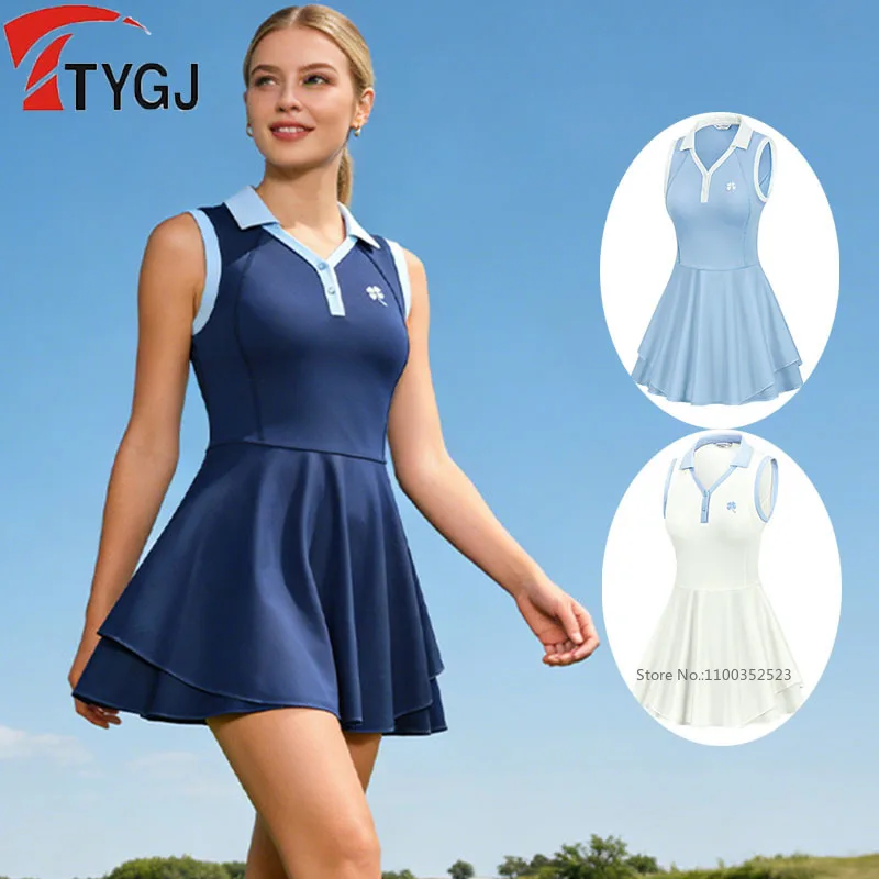 TTYGJ New Sports Golf Dresses Women V-neck Polo Tennis Dress with Short Ladies Sleeveless Quick-drying Fitness Golf Skirt