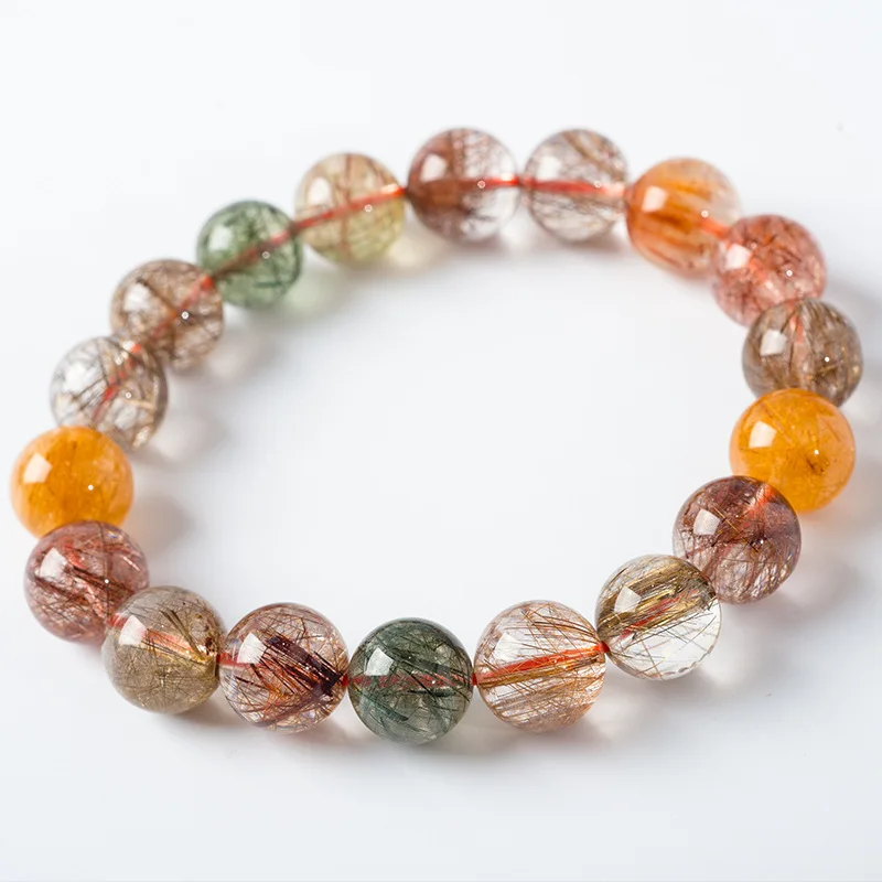 

Natural - Rutilated Quartz , Fortune and Longevity Crystal Bracelet, Colorful Multi-Colored Single-Strand Br