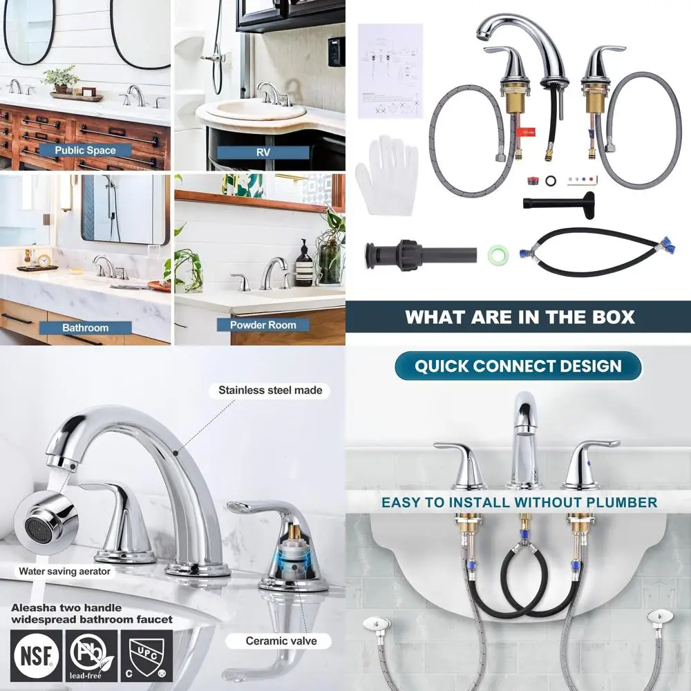 

Chrome 3-Hole Widespread Bathroom Faucet with Pop-Up Drain and Overflow, Lead-Free Stainless Steel Hose