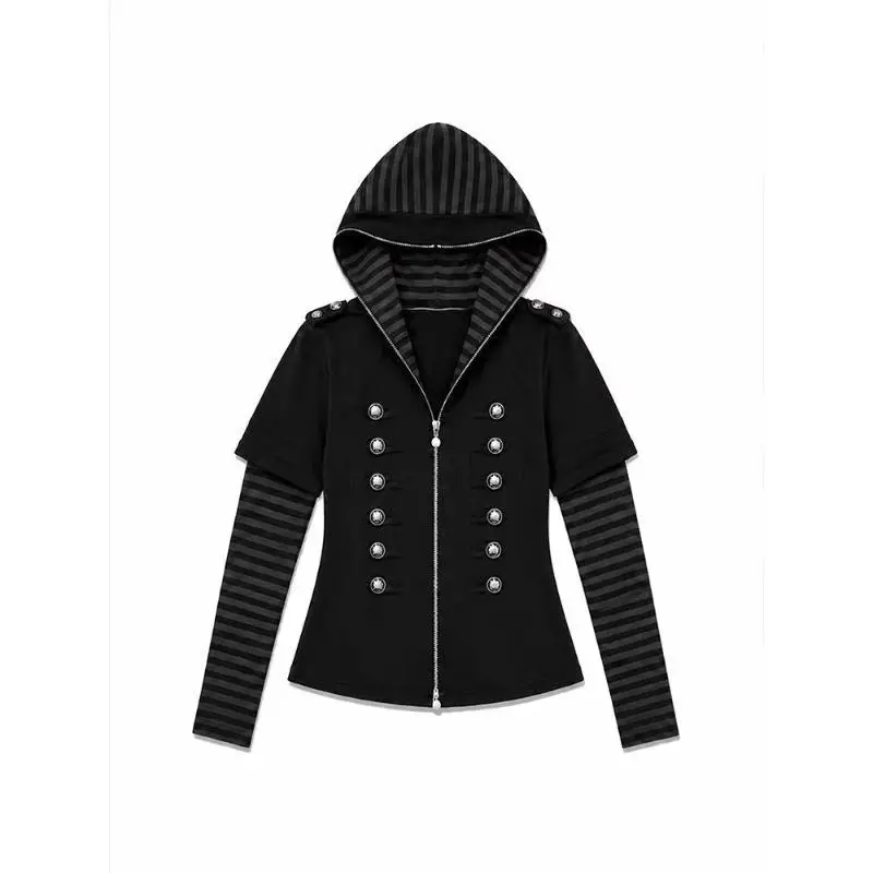 Unisex Black Striped Sleeve Hoodie Zip Up Faux Two Piece Napoleon Button Slim Fit Streetwear Alt Grunge Punk Edgy Y2K Aesthetic - view 4