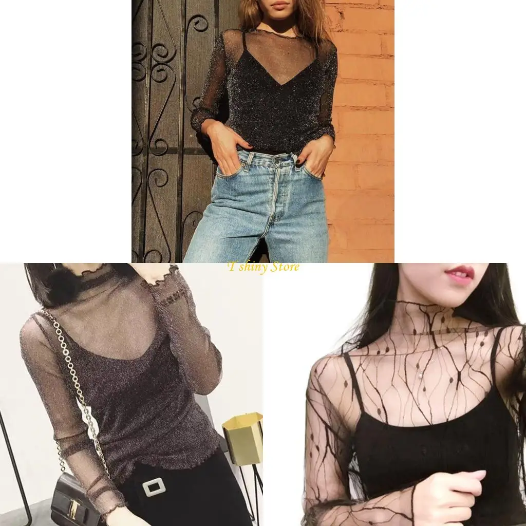 

N58f Женская весенняя базовая просмотр через сетку рубашку полость кружев