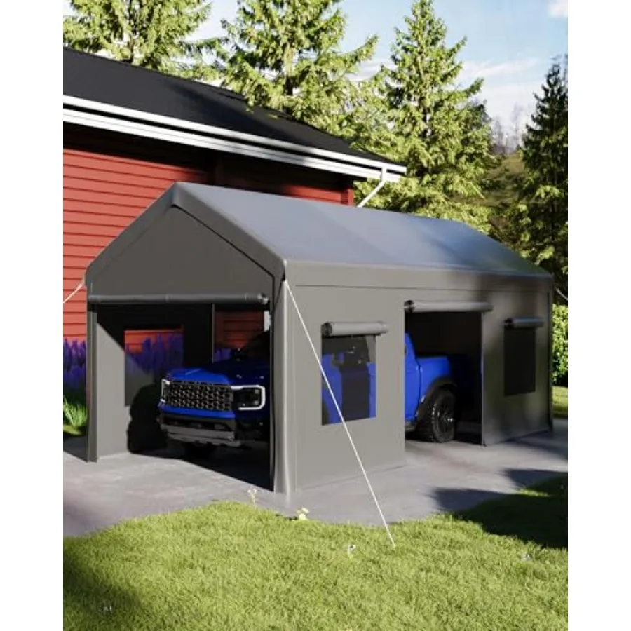 10x20 ft Heavy Duty Carport, Metal Car Port with Side-Opening Door and Roll-Up Windows, Carport Canopy with Galvanized Steel Fr