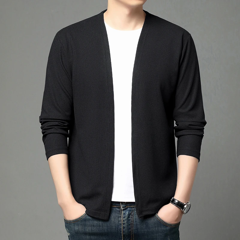 Spring and Summer Solid Color Knitted Cardigan Jacket Sun Protection Clothing Men's Shirt Loose Sleeves Fashionable and Versatil