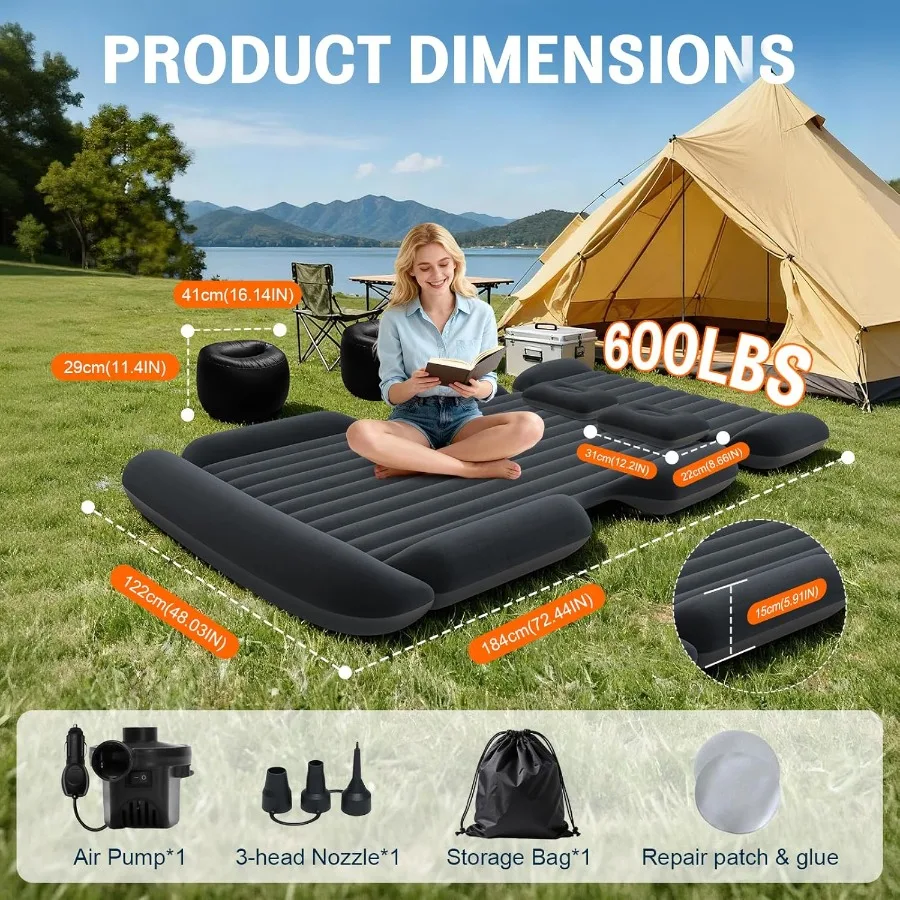 Colchón de aire SUV, colchón de aire grueso para coche con bomba eléctrica, cama inflable portátil para coche con 2 almohadas, colchón de Camping Ba