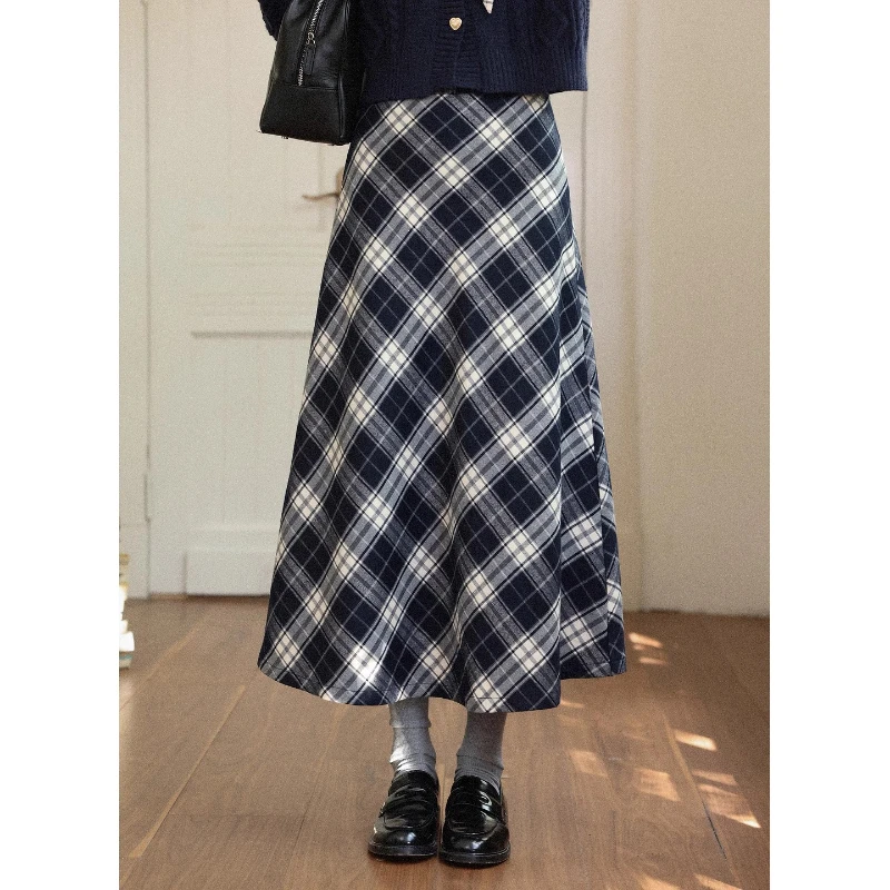 

ALXNAN клетчатые юбки синего цвета с высокой талией, тонкие юбки трапециевидной формы, осень-зима, универсальное длинное платье для поездок на работу DYL662051BQ