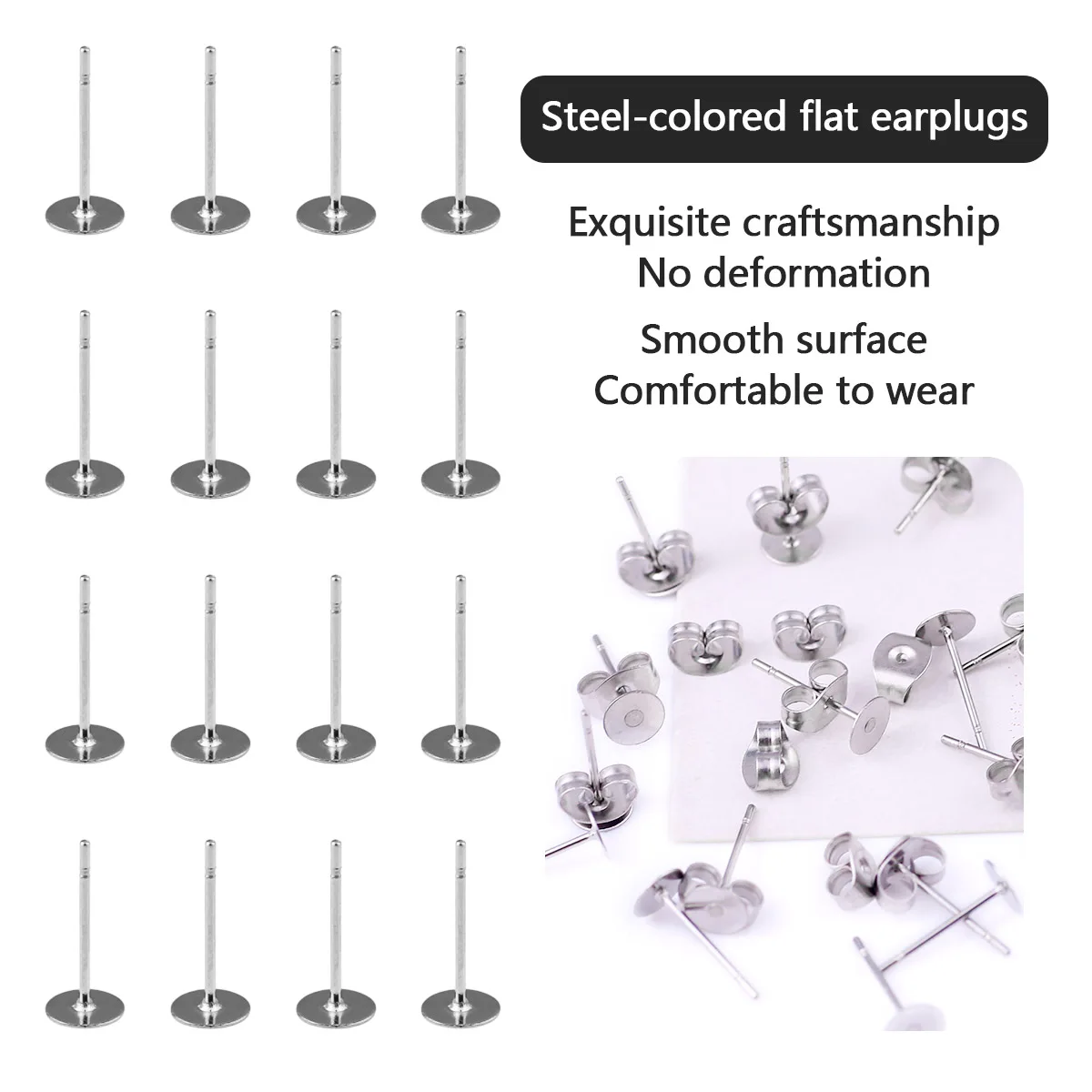 5mm Edelstahl-Flachkopfnägel + Ohrstöpsel (je 100 Stück) Handgefertigtes DIY-Schmuckzubehör für Ohrringe und Ohrschmuck