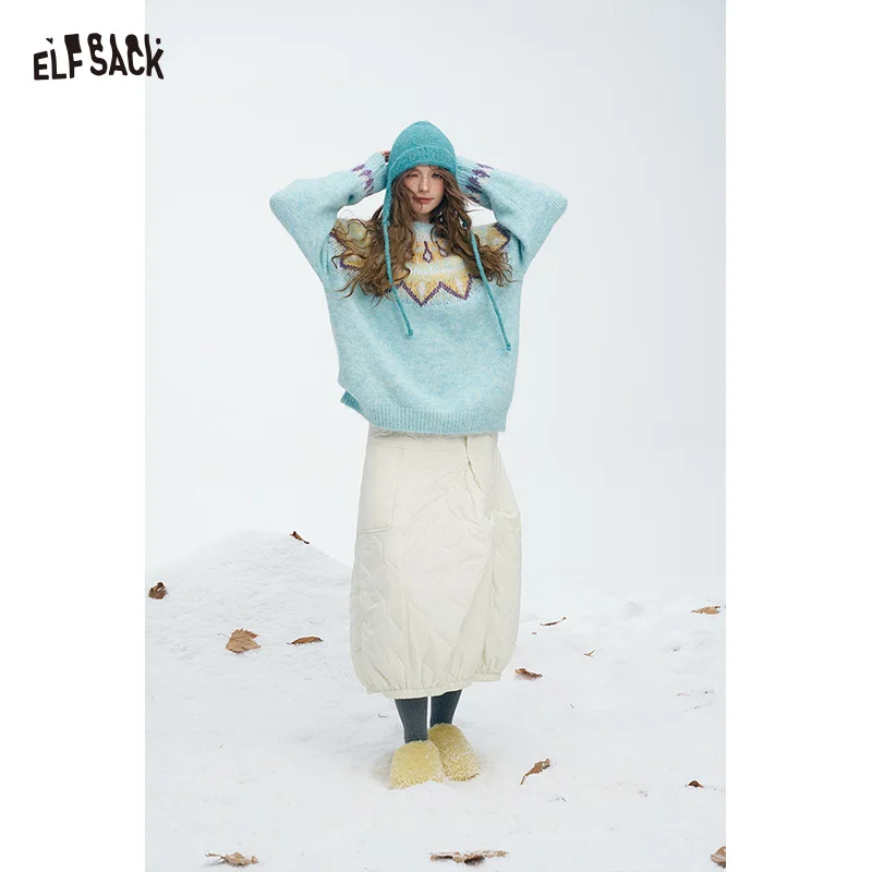 ELFSACK 2025 شتاء الوافدين الجدد ضوء الحد الأدنى عادية كلاسيكية الصلبة تقليم الدافئة أسفل نصف تنورة للنساء