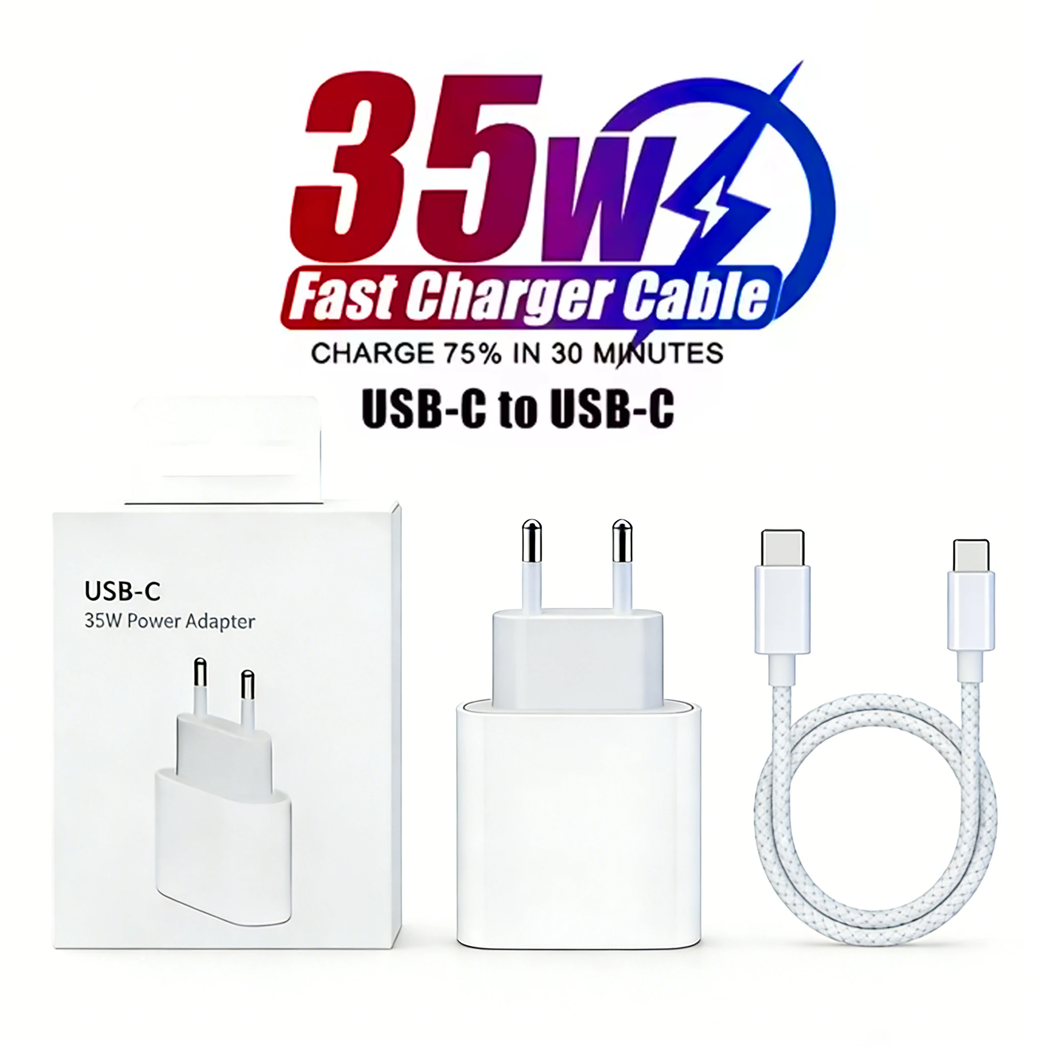 Carregador Rápido Original PD 35W EU US para iPhone 17 16 15 14 13 11 12 Pro Max Plus Air com Cabo USB-C Trançado de Carregamento Rápido Tipo-C 1M